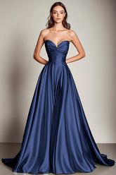 Marineblaues Herzausschnitt A-Linie Satin Langes Ballkleid